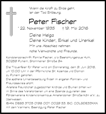 Anzeige von Peter Fischer von Kölner Stadt-Anzeiger / Kölnische Rundschau / Express