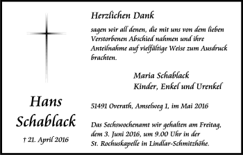Anzeige von Hans Schablack von Kölner Stadt-Anzeiger / Kölnische Rundschau / Express