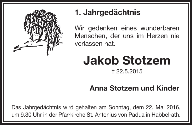  Traueranzeige für Jakob Stotzem vom 14.05.2016 aus  Sonntags-Post 