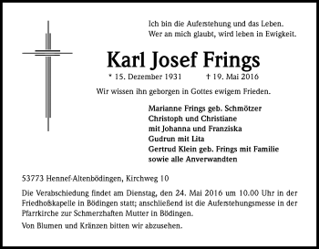 Anzeige von Karl Josef Frings von Kölner Stadt-Anzeiger / Kölnische Rundschau / Express