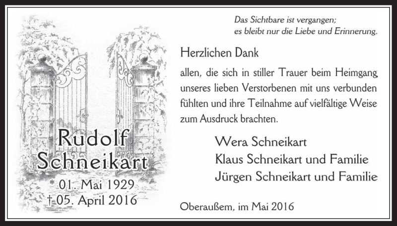  Traueranzeige für Rudolf Schneikart vom 11.05.2016 aus  Werbepost 
