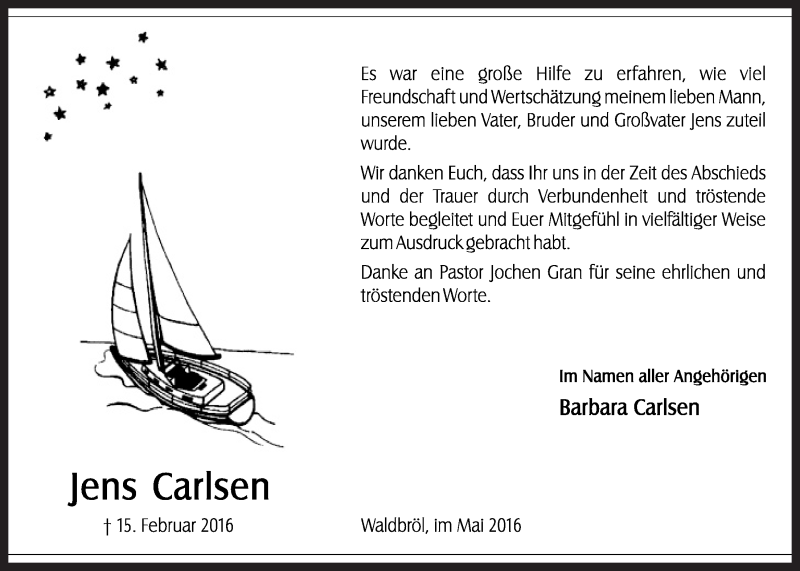  Traueranzeige für Jens Carlsen vom 25.05.2016 aus  Bergisches Handelsblatt  Lokalanzeiger 