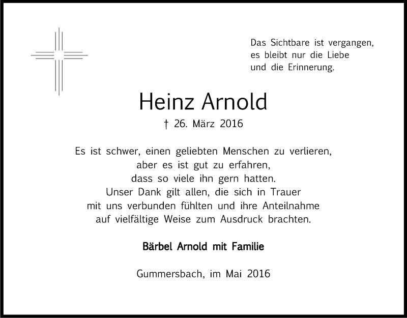  Traueranzeige für Heinz Arnold vom 07.05.2016 aus Kölner Stadt-Anzeiger / Kölnische Rundschau / Express