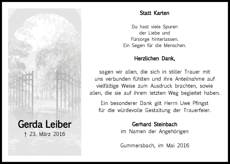  Traueranzeige für Gerda Leiber vom 04.05.2016 aus  Anzeigen Echo 