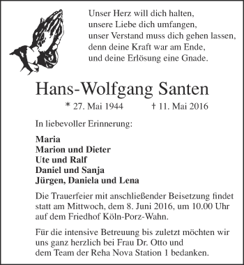 Anzeige von Hans-Wolfgang Santen von  Kölner Wochenspiegel 