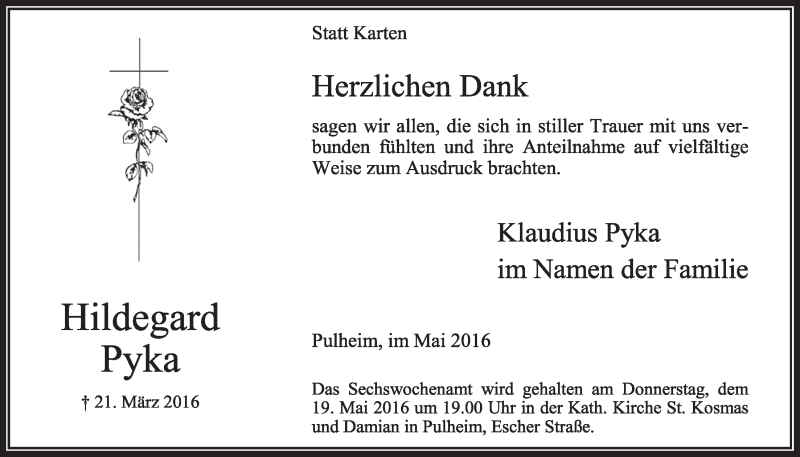  Traueranzeige für Hildegard Pyka vom 14.05.2016 aus  Sonntags-Post 