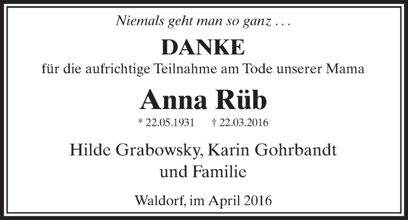  Traueranzeige für Anna Rüb vom 04.05.2016 aus  Schaufenster/Blickpunkt 