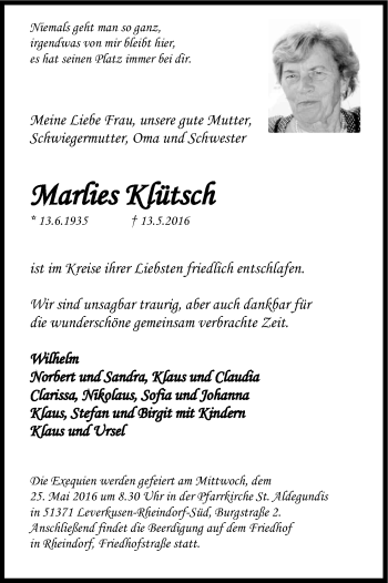 Anzeige von Marlies Klütsch von Kölner Stadt-Anzeiger / Kölnische Rundschau / Express