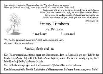 Anzeige von Emmy Trimborn von  Schlossbote/Werbekurier 