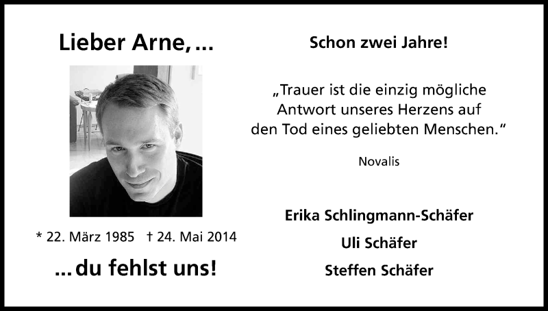  Traueranzeige für Arne Schäfer vom 25.05.2016 aus Kölner Stadt-Anzeiger / Kölnische Rundschau / Express