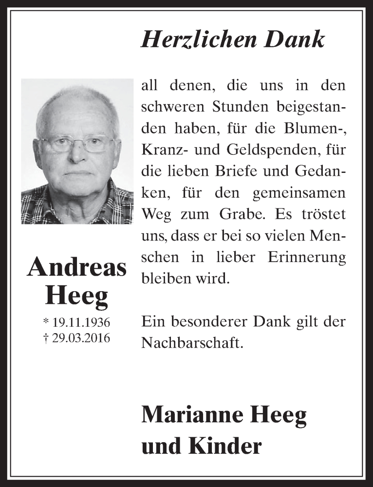 Traueranzeige für Andreas Heeg vom 25.05.2016 aus  Wochenende 