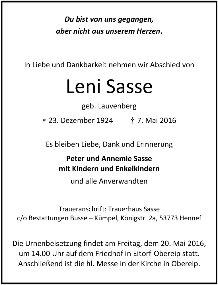  Traueranzeige für Leni Sasse vom 18.05.2016 aus  Extra Blatt 