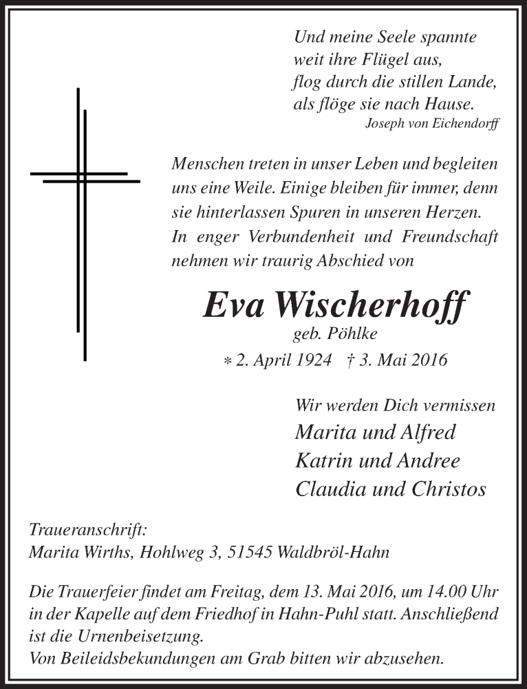  Traueranzeige für Eva Wischerhoff vom 11.05.2016 aus  Lokalanzeiger 