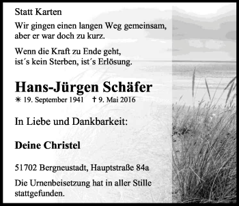 Anzeige von Hans-Jürgen Schäfer von Kölner Stadt-Anzeiger / Kölnische Rundschau / Express