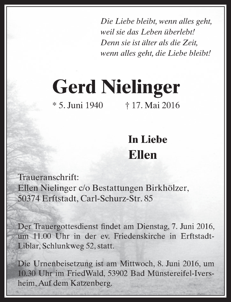  Traueranzeige für Gerd Nielinger vom 01.06.2016 aus  Werbepost 