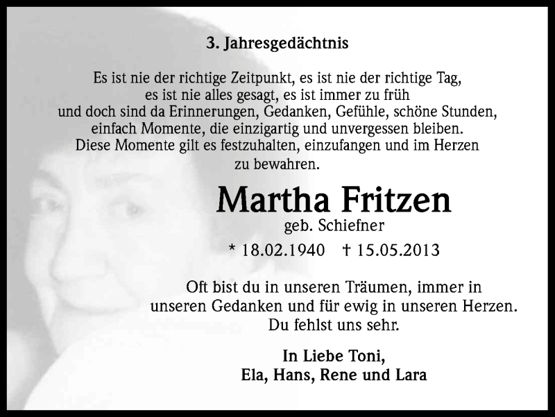 Traueranzeige für Martha Fritzen vom 14.05.2016 aus Kölner Stadt-Anzeiger / Kölnische Rundschau / Express
