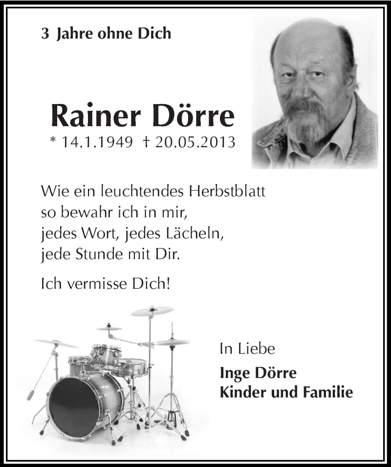  Traueranzeige für Rainer Dörre vom 18.05.2016 aus  Anzeigen Echo 