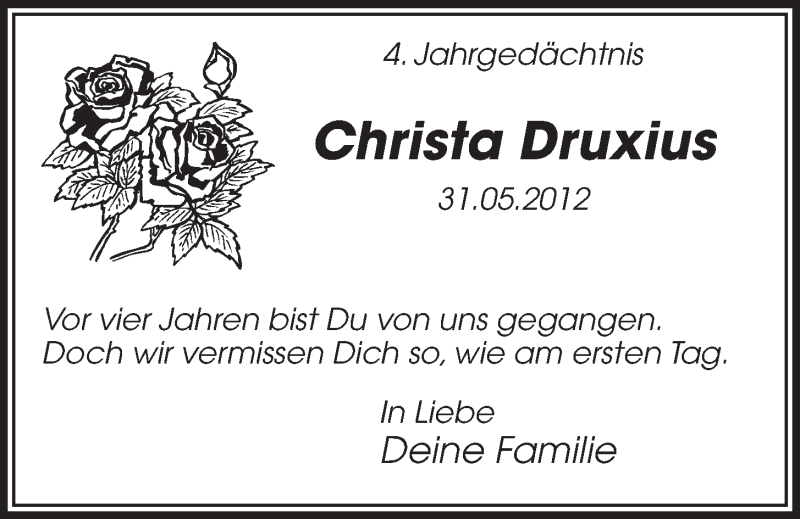  Traueranzeige für Christa Druxius vom 28.05.2016 aus 
