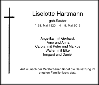 Anzeige von Liselotte Hartmann von Kölner Stadt-Anzeiger / Kölnische Rundschau / Express
