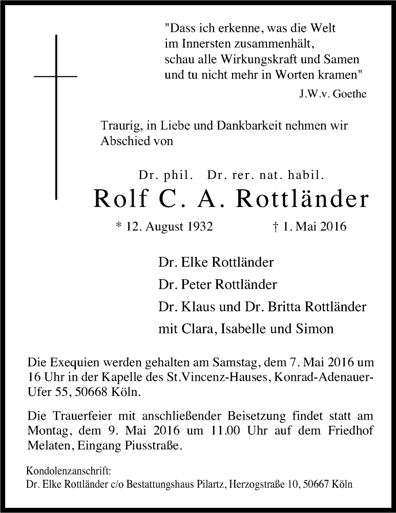  Traueranzeige für Rolf Rottländer vom 07.05.2016 aus Kölner Stadt-Anzeiger / Kölnische Rundschau / Express