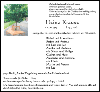 Anzeige von Heinz Krause von Kölner Stadt-Anzeiger / Kölnische Rundschau / Express
