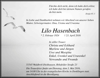 Anzeige von Lieselotte Hasenbach von Kölner Stadt-Anzeiger / Kölnische Rundschau / Express