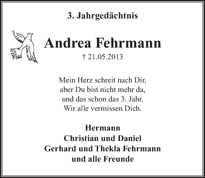  Traueranzeige für Andrea Fehrmann vom 18.05.2016 aus  Extra Blatt 