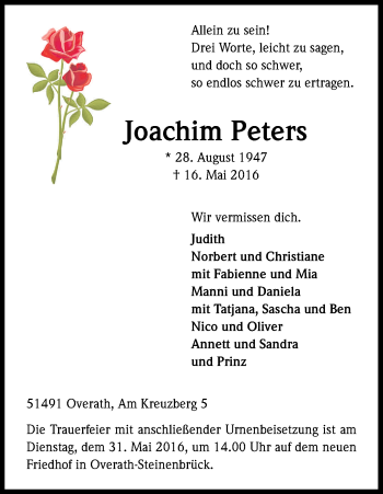 Anzeige von Joachim Peters von Kölner Stadt-Anzeiger / Kölnische Rundschau / Express