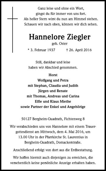 Anzeige von Hannelore Ziegler von Kölner Stadt-Anzeiger / Kölnische Rundschau / Express