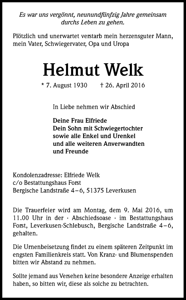  Traueranzeige für Helmut Welk vom 04.05.2016 aus Kölner Stadt-Anzeiger / Kölnische Rundschau / Express