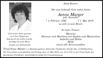Anzeige von Aenne Marger von Kölner Stadt-Anzeiger / Kölnische Rundschau / Express