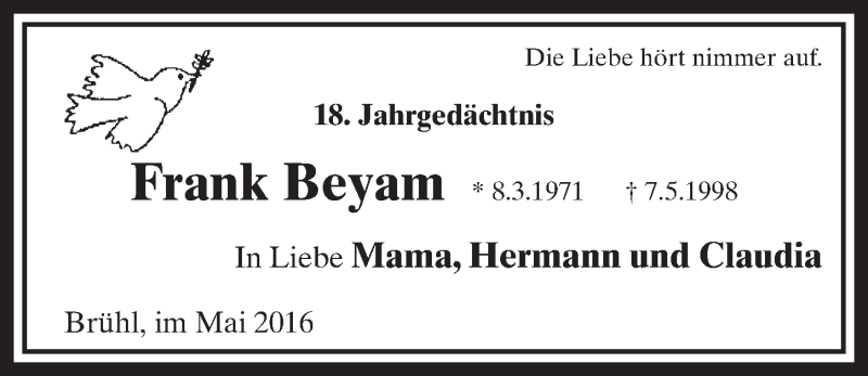  Traueranzeige für Frank Beyam vom 04.05.2016 aus  Schlossbote/Werbekurier 
