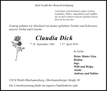Anzeige von Claudia Dick von Kölner Stadt-Anzeiger / Kölnische Rundschau / Express