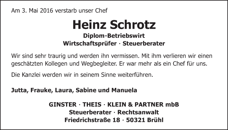  Traueranzeige für Heinz Schrotz vom 18.05.2016 aus  Schlossbote/Werbekurier 