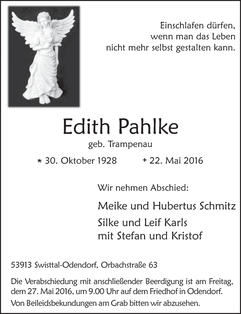  Traueranzeige für Edith Pahlke vom 25.05.2016 aus  Schaufenster/Blickpunkt 