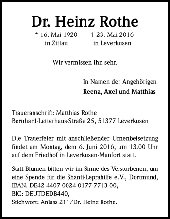 Anzeige von Heinz Rothe von Kölner Stadt-Anzeiger / Kölnische Rundschau / Express