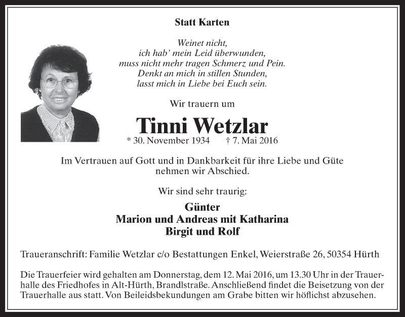  Traueranzeige für Tinni Wetzlar vom 11.05.2016 aus  Wochenende 