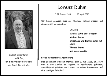 Anzeige von Lorenz Duhm von Kölner Stadt-Anzeiger / Kölnische Rundschau / Express