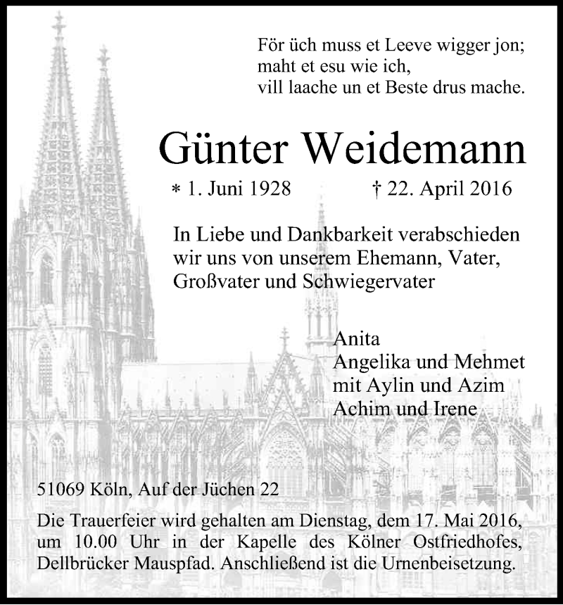  Traueranzeige für Günter Weidemann vom 07.05.2016 aus Kölner Stadt-Anzeiger / Kölnische Rundschau / Express