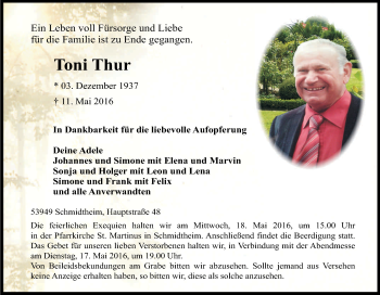Anzeige von Toni Thur von Kölner Stadt-Anzeiger / Kölnische Rundschau / Express