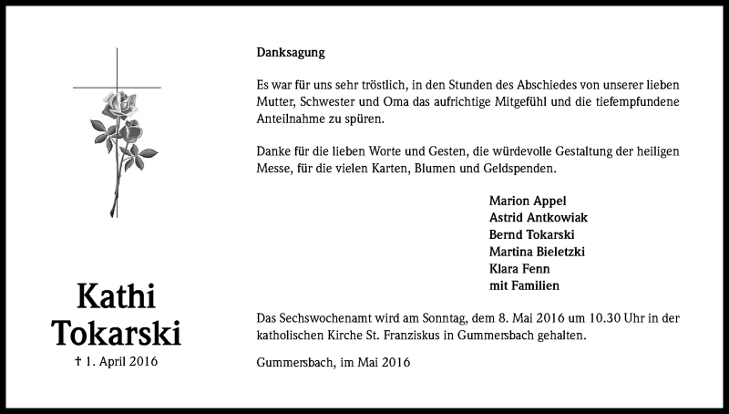  Traueranzeige für Kathi Tokarski vom 02.05.2016 aus Kölner Stadt-Anzeiger / Kölnische Rundschau / Express