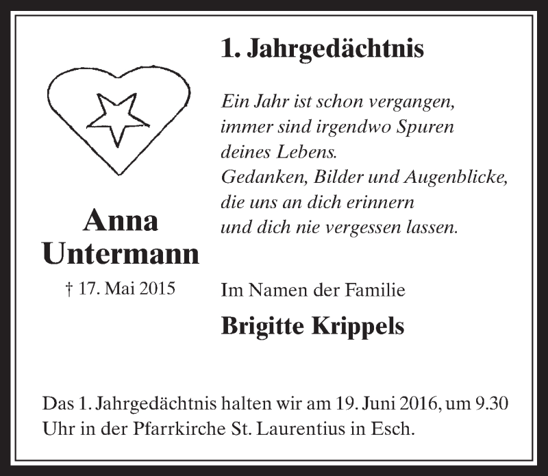  Traueranzeige für Anna Untermann vom 18.05.2016 aus  Werbepost 