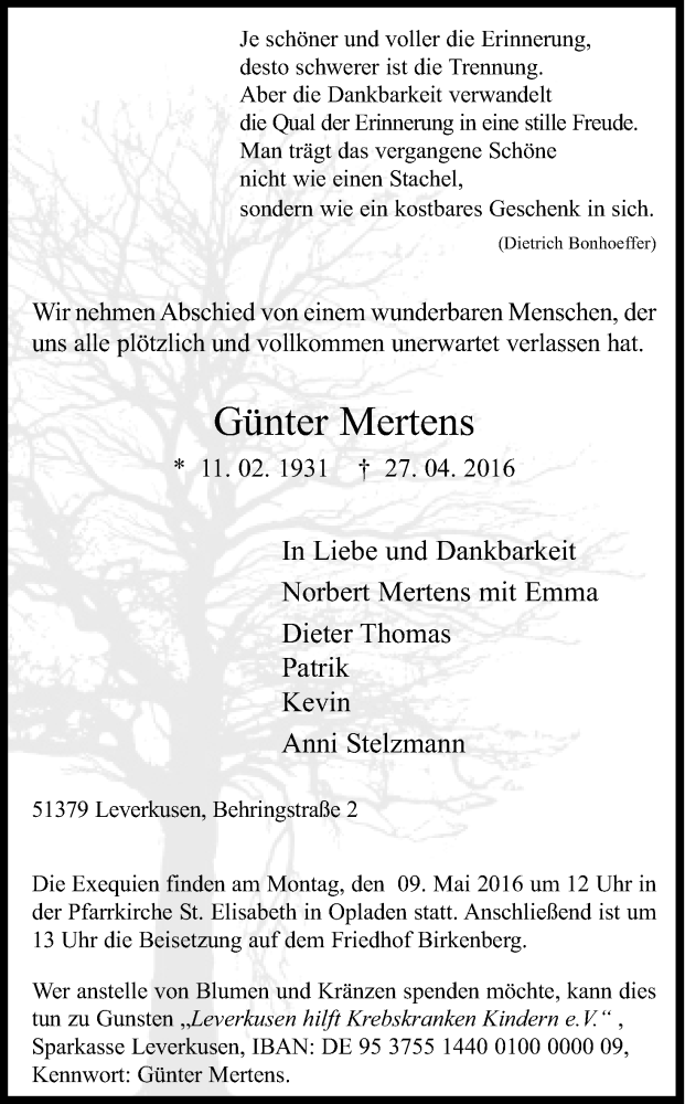  Traueranzeige für Günter Mertens vom 30.04.2016 aus Kölner Stadt-Anzeiger / Kölnische Rundschau / Express
