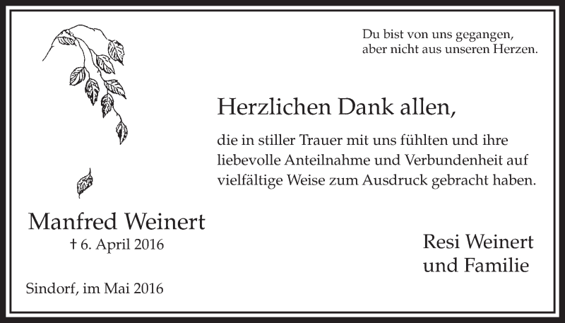  Traueranzeige für Manfred Weinert vom 21.05.2016 aus  Sonntags-Post 