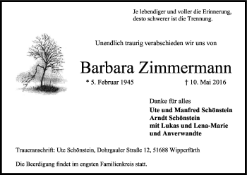 Anzeige von Barbara Zimmermann von Kölner Stadt-Anzeiger / Kölnische Rundschau / Express
