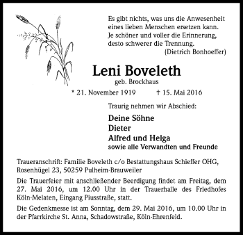 Anzeige von Leni Boveleth von Kölner Stadt-Anzeiger / Kölnische Rundschau / Express