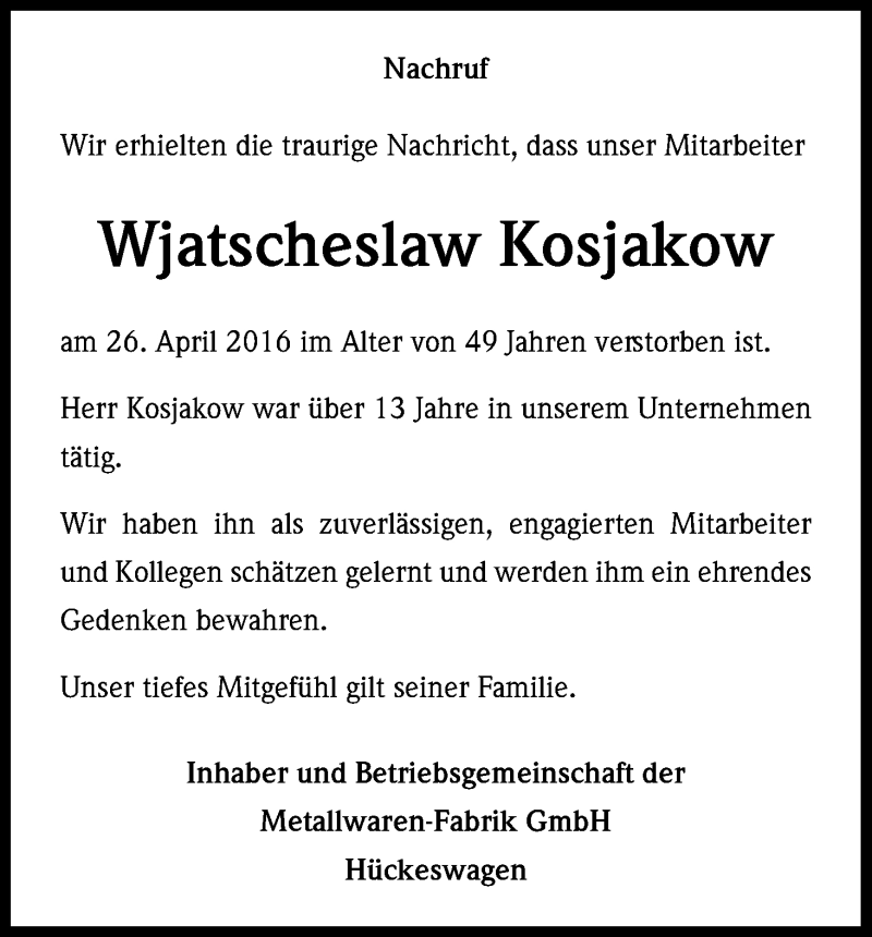  Traueranzeige für Wjatscheslaw Kosjakow vom 30.04.2016 aus Kölner Stadt-Anzeiger / Kölnische Rundschau / Express