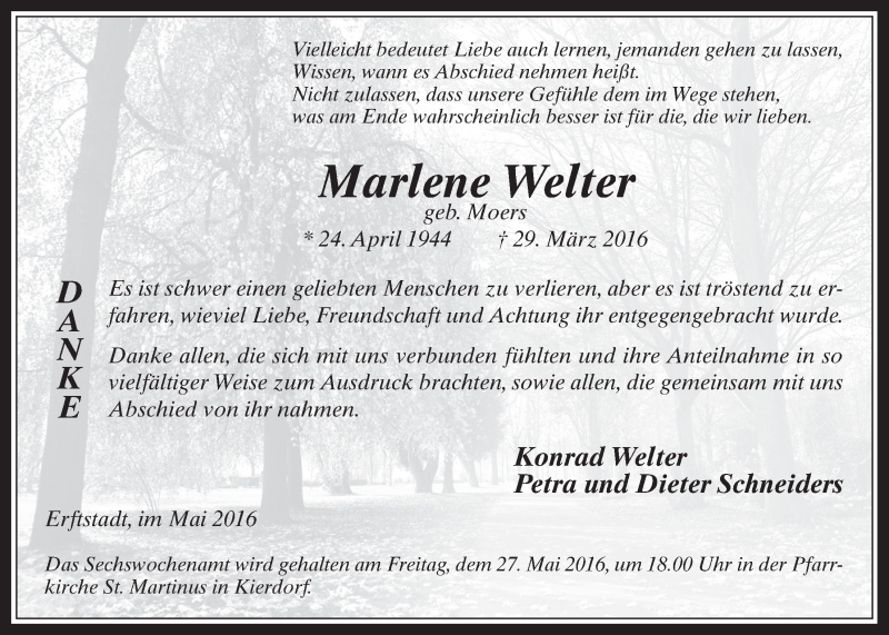  Traueranzeige für Marlene Welter vom 18.05.2016 aus  Werbepost 
