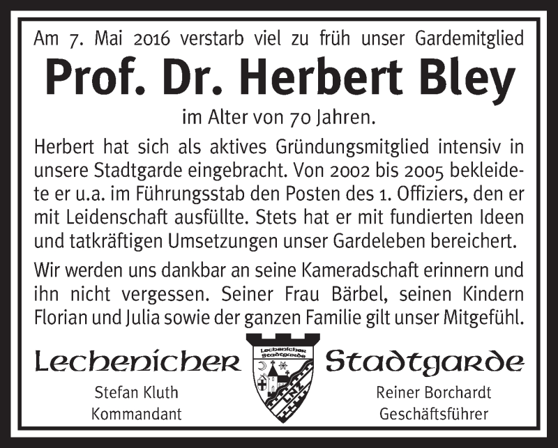  Traueranzeige für Herbert Bley vom 18.05.2016 aus  Werbepost 