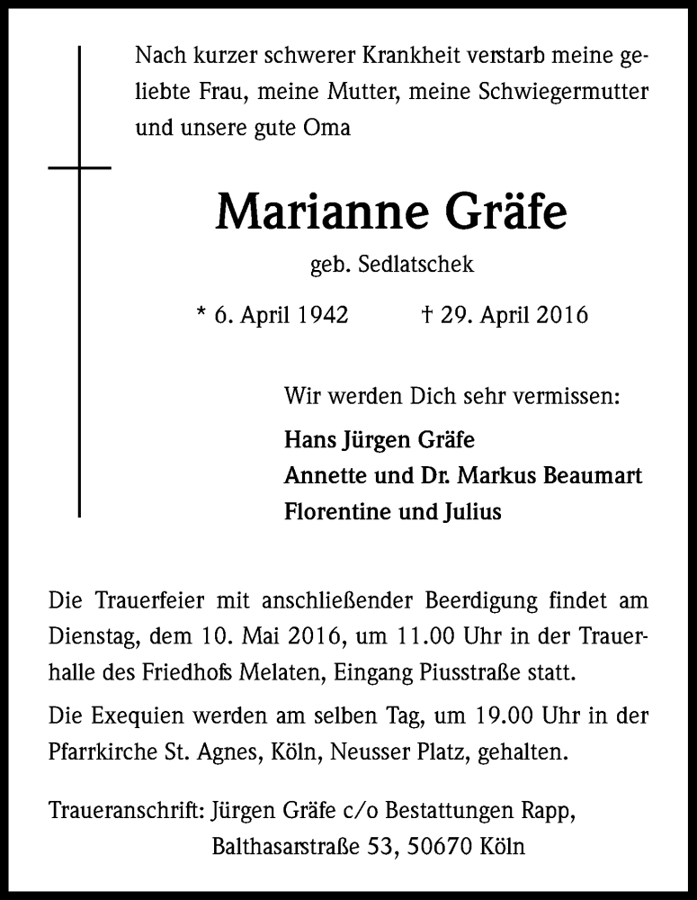  Traueranzeige für Marianne Gräfe vom 07.05.2016 aus Kölner Stadt-Anzeiger / Kölnische Rundschau / Express